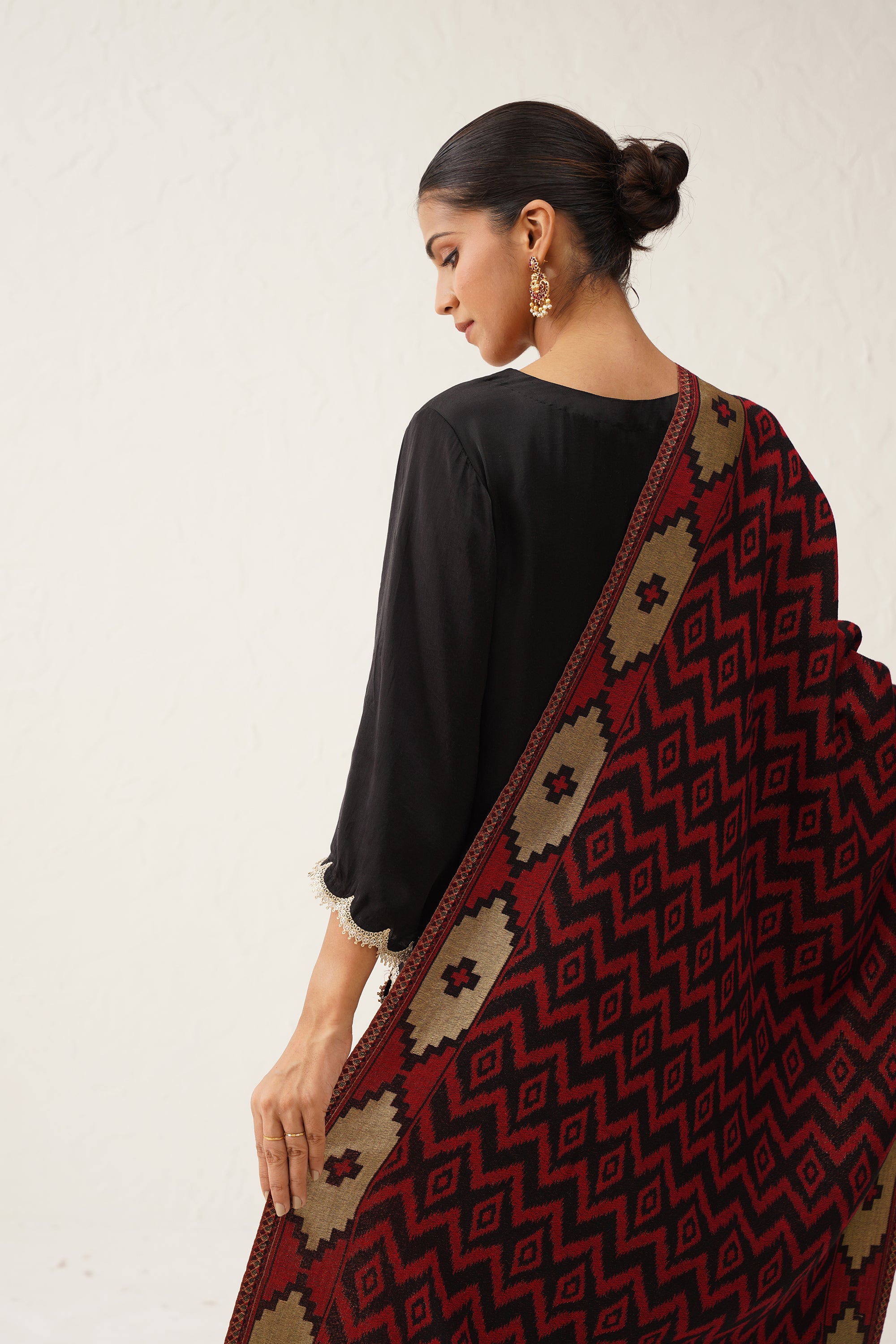 Red Ikat Woollen Shawl With Lurex