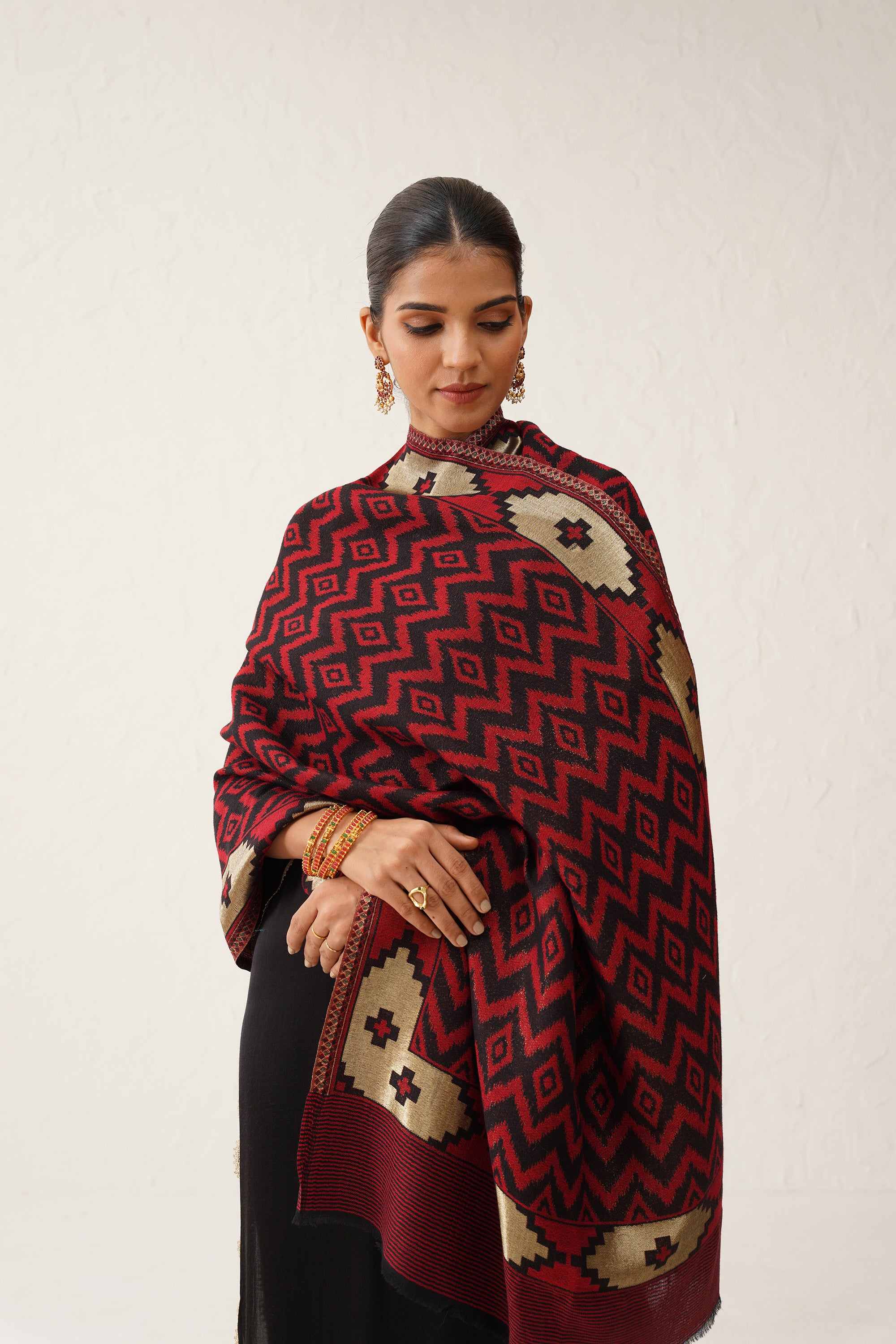 Red Ikat Woollen Shawl With Lurex