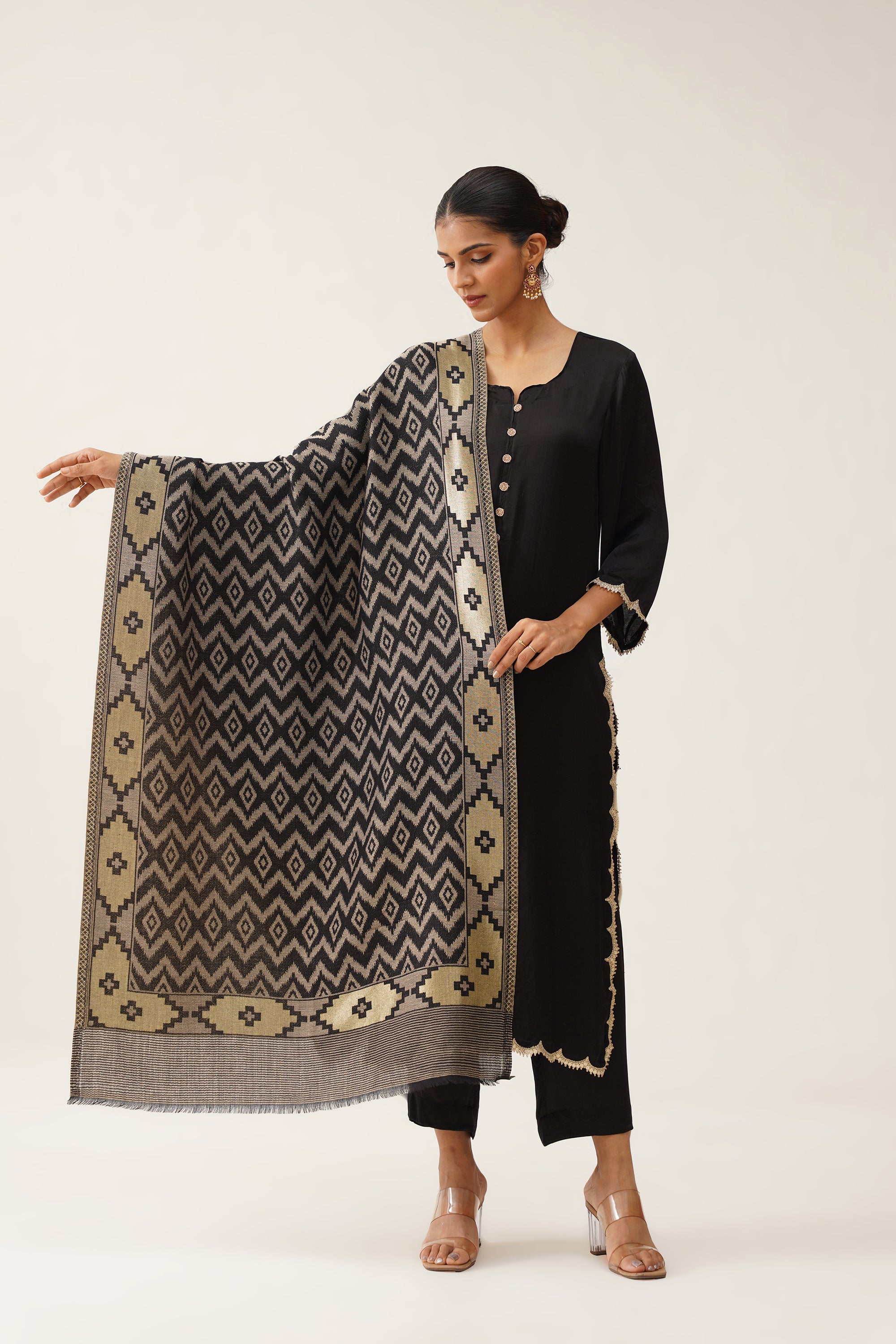 Black Ikat Woollen Shawl