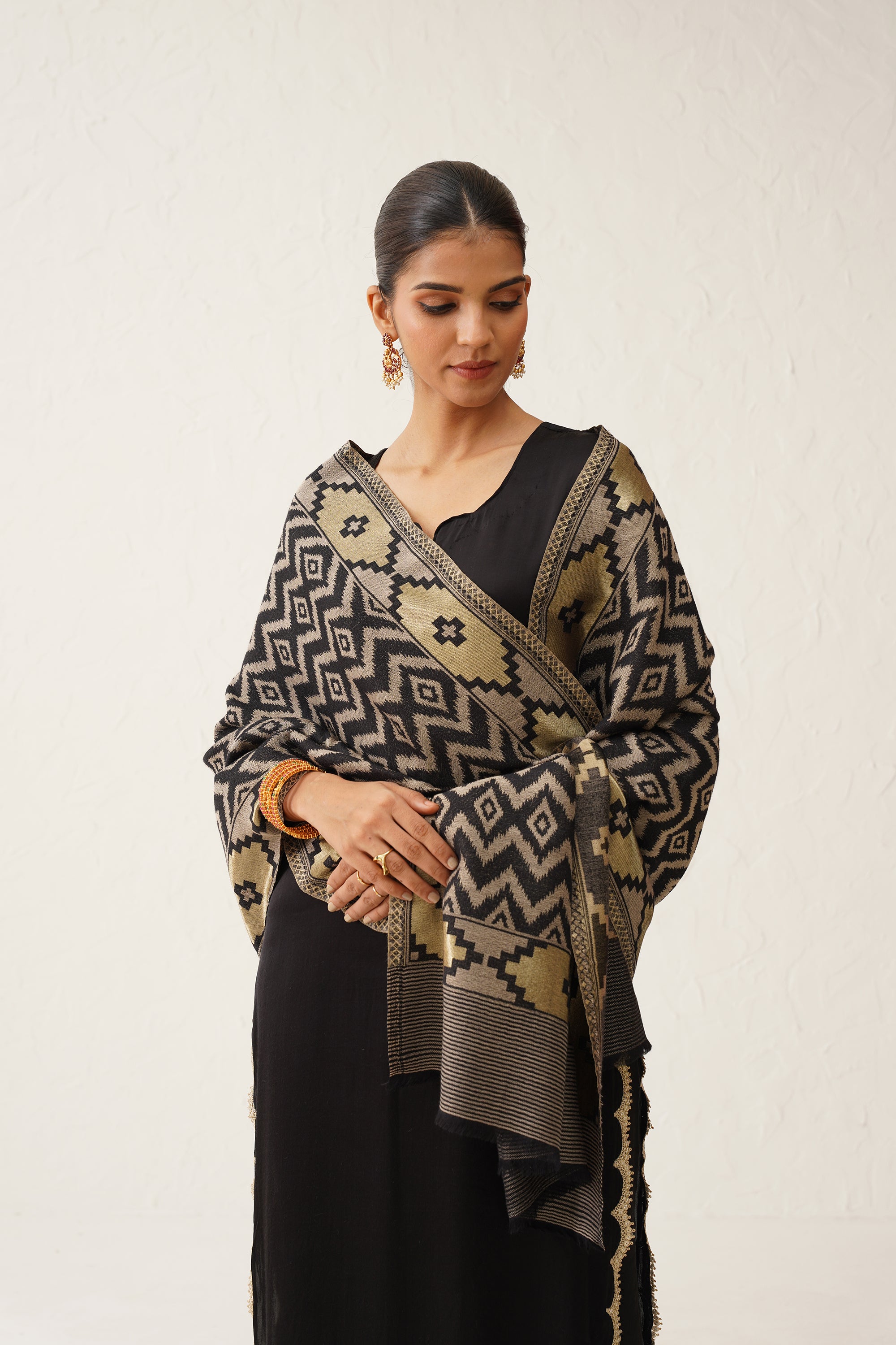 Black Ikat Woollen Shawl